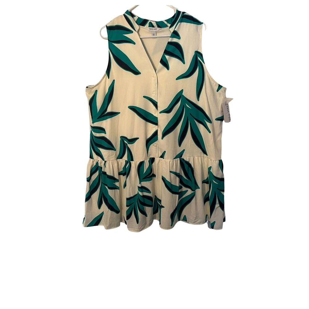 Nine West Dress Size XXL Sleeveless White Green Floral Trapeze Knee Length NWT